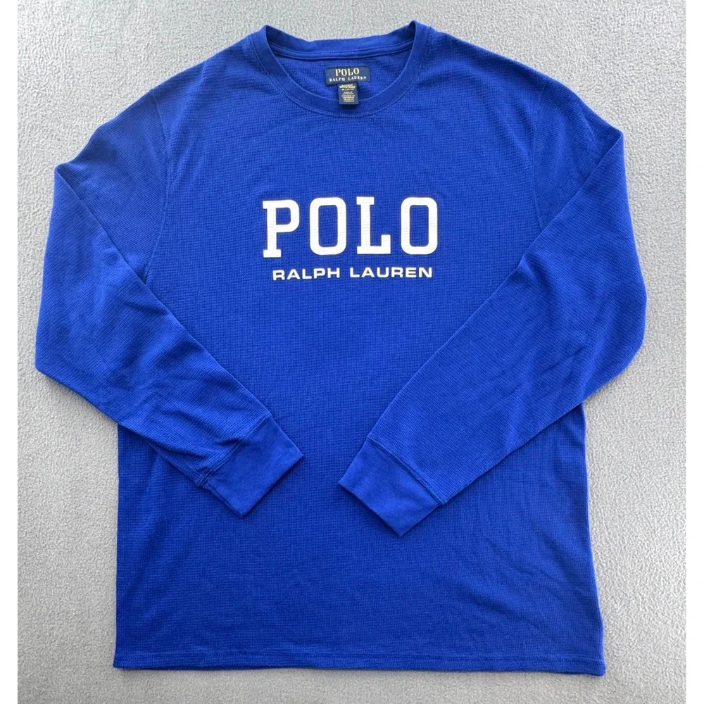 Polo Ralph Lauren Waffle Knit Thermal Top XL Blue Graphic Logo Loungewear Sleep